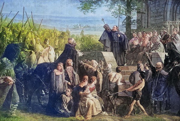 Crusade, a monk preaches to the crowd, God wills it, Middle Ages, Historical, digitally restored reproduction of an original from the 19th century, exact date unknown