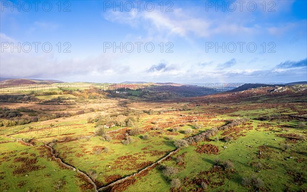 View over Emsworthy Mire from a drone, Haytor Rocks, Dartmoor National Park, Devon, England, UK