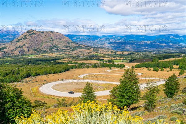 View from the viewpoint Curvas del Diablo on serpentines of the Carretera Austral, also Panamericana, Cerro Castillo National Park, Aysen, Patagonia, Chile, South America