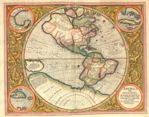 Atlas, map from 1623, North America, South America, Antarctica, digitally restored reproduction from an engraving by Gerhard Mercator, born as Gheert Cremer, 5 March 1512, 2 December 1594, geographer and cartographer, Antarctica