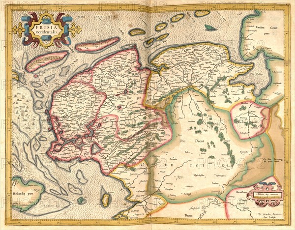 Atlas, map from 1623, Friesland and North Sea coast, Germany, digitally restored reproduction from an engraving by Gerhard Mercator, born as Gheert Cremer, 5 March 1512, 2 December 1594, geographer and cartographer, Europe