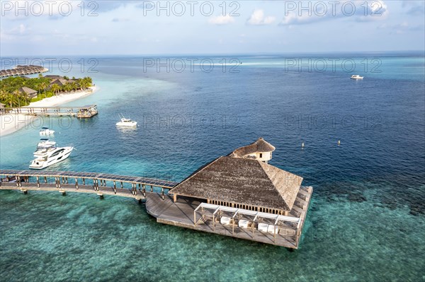 Aerial view, Hurawalhi Island resort with beaches and water bungalows, North Male Atoll, Maldives, Indian Ocean, Asia