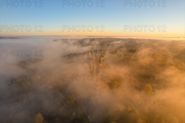 Sunrise in autumn fog, Schoenbuchturm, Herrenberg, Germany, Europe