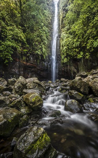 River and waterfall Cascata das 25 Fontes, long exposure, Rabacal, Paul da Serra, Madeira, Portugal, Europe