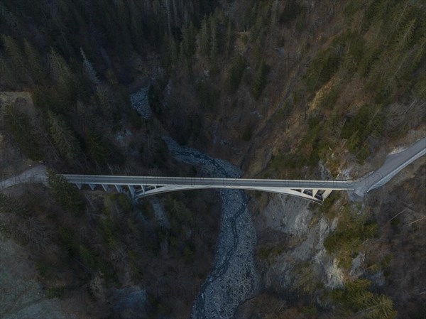 Salginatobel Bridge, educational object 1930s reinforced concrete bridge, engineering milestone ASCE, UNESCO World Heritage waiting list, drone image, Schiers Schuders, Praettigau, Graubuenden, Switzerland, Europe