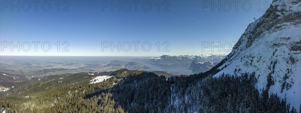 Flank of Mount Pilatus with cable car, in the background Rigi, Buergenstock and Lake Lucerne, Fraekmuentegg, Lucerne, Switzerland, Europe