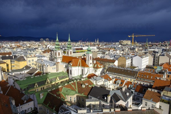 Maria Hilf Church, rain clouds, dark clouds over Vienna, view from the House of the Sea, Vienna, Austria, Europe