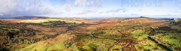 Panorama over Emsworthy Mire from a drone, Haytor Rocks, Dartmoor National Park, Devon, England, UK