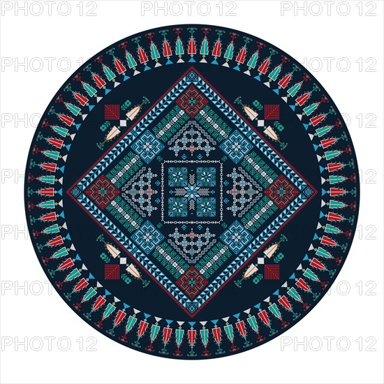 Decorative round Palestinian Tatreez design element over white background, vector illustration