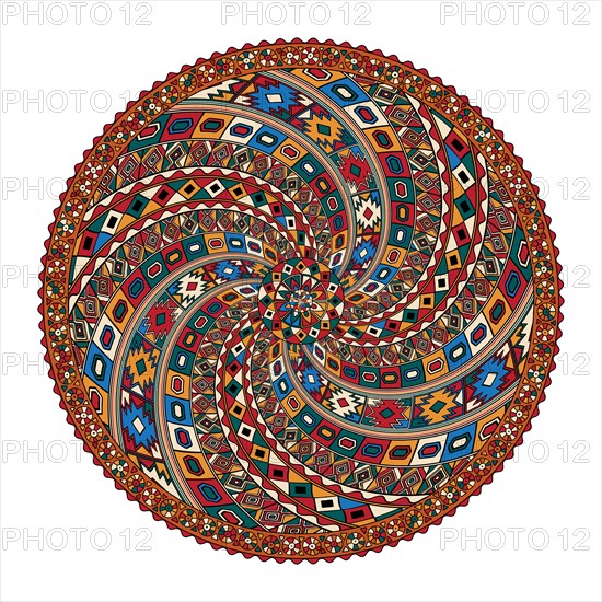 Decorative round tribal design element over white background, vector illustration