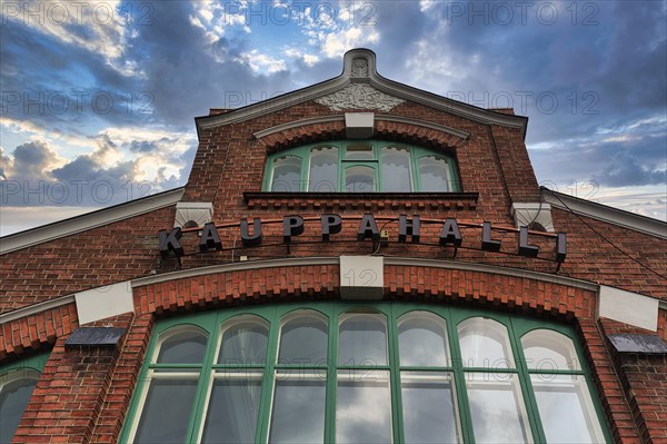 Kauppahalli Historic Market Hall, detail of the facade, city centre, Oulu, North Ostrobothnia, Finland, Europe