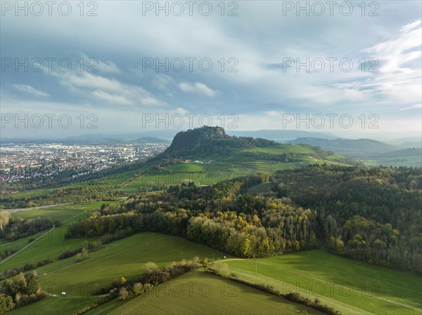 View over the Hegaulandschaft, with Hohentwiel and the town of Singen, Konstanz district, Baden-Wuerttemberg, Germany, Europe