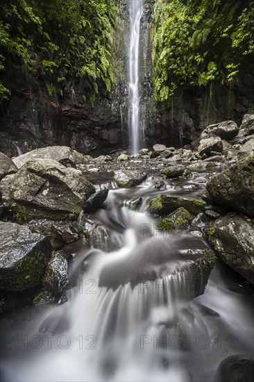 River and waterfall Cascata das 25 Fontes, long exposure, Rabacal, Paul da Serra, Madeira, Portugal, Europe