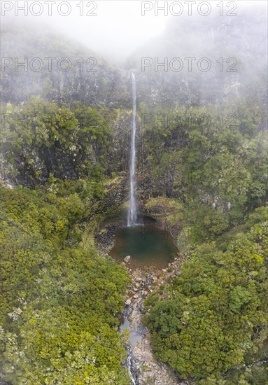 Aerial view, Lagoa do Vento with Upper Risco waterfall, forest and fog, Rabacal, Madeira, Portugal, Europe