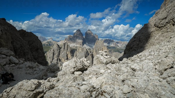 View of Tre Cime di Lavaredo from the Dolomite Trail. Dolomites, Italy, Dolomites, Italy, Europe