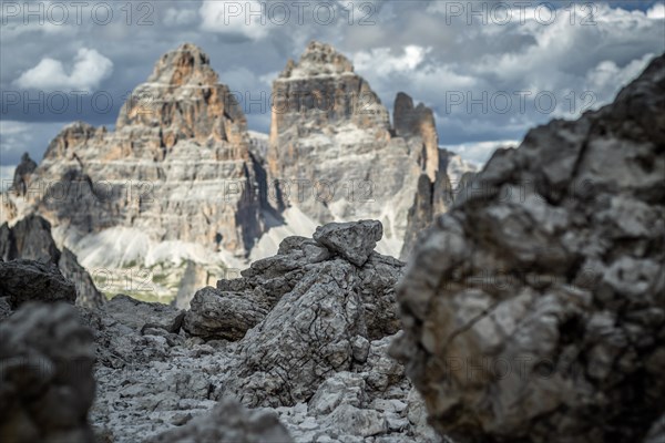 View of Tre Cime di Lavaredo from the Dolomite Trail. Dolomites, Italy, Dolomites, Italy, Europe