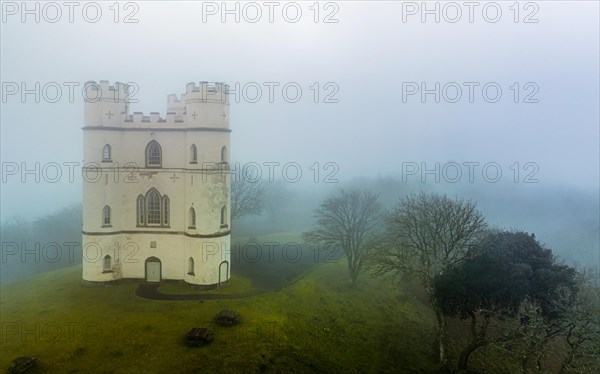 Misty morning over Haldon Belvedere from a drone, Lawrence Castle, Higher Ashton, Exeter, Devon, England, United Kingdom, Europe