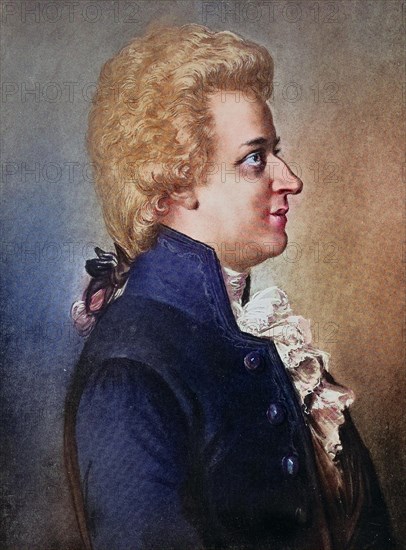 Wolfgang Amadeus Mozart, baptised as Johannes Chrysostomus Wolfgangus Theophilus Mozart, was a prolific and influential composer of the classical era, Historical, digitally restored reproduction of a 19th century original