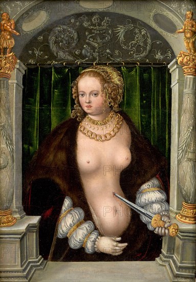 The Suicide of Lucretia, Traditionally regarded as a portrait of Lucretia Borgia, daughter of Pope Alexander VI. It shows an unknown lady in the guise of the ancient goddess of spring, Flora, painting by Lucas Cranach the Elder, 4 October 1472, 16 October 1553, one of the most important German painters, graphic artists and letterpress printers of the Renaissance, Historical, digitally restored reproduction of a historical original