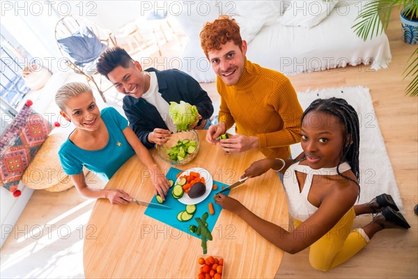 Portrait of a group of friends preparing vegetarian food. Preparing salad and having fun in room