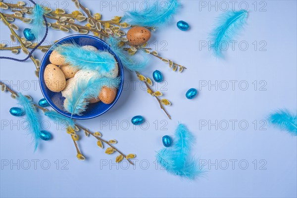 Palm catkin with Easter decoration, eggs, feathers, blue background, copy room