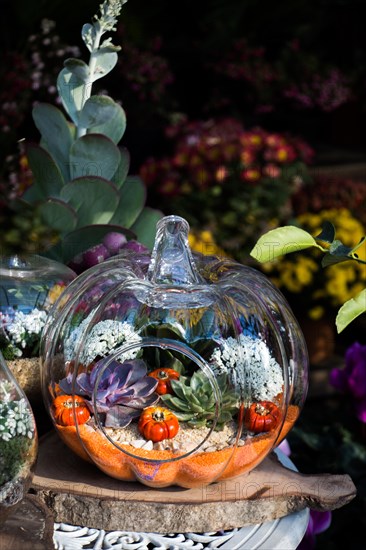 The glass Flower pot with beautiful fake flowers in it