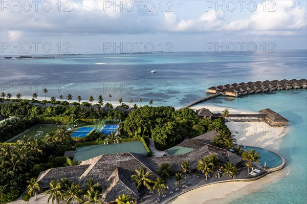 Aerial view, Hurawalhi Island resort with beaches and water bungalows, North Male Atoll, Maldives, Indian Ocean, Asia