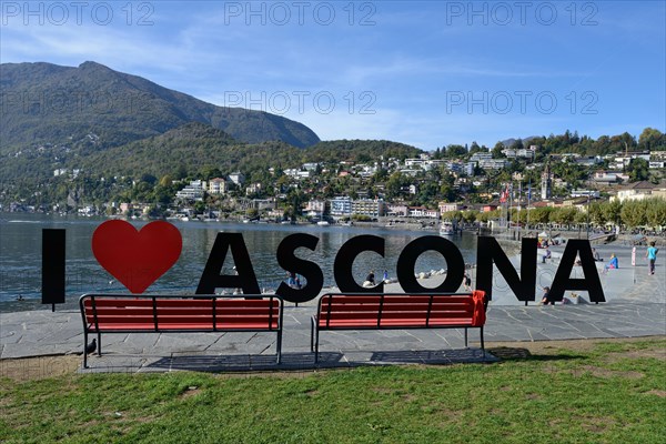 Lake shore of Lake Maggiore with lettering Ascona, Ascona, Canton Ticino, Switzerland, Europe