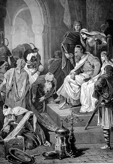 Charlemagne, 2 April 742, 28 January 814, also known as Charlemagne, Carolus or Karolus Magnus or Charles I, here receiving Harun al-Raschid of Baghdad, Historical, digitally restored reproduction from a 19th century original