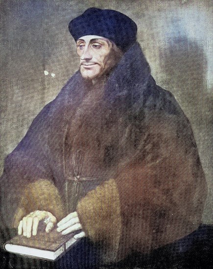 Desiderius Erasmus Roterodamus, known as Erasmus or Erasmus of Rotterdam, was a Dutch Renaissance humanist, Catholic priest, social critic, teacher and theologian, Historical, digitally restored reproduction of a 19th century original