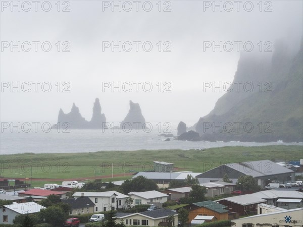 Cliff, rock Reynisdrangar in the water, on Reynisfjara beach, Vik, South Iceland, Iceland, Europe