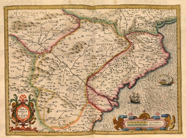 Atlas, map from 1623, Aragon and Catalonia, Spain, digitally restored reproduction from an engraving by Gerhard Mercator, born as Gheert Cremer, 5 March 1512, 2 December 1594, geographer and cartographer, Europe