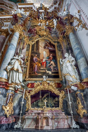 Full body relic of St. Clement in the side altar, St. Marys Church in Fuerstenfeld Abbey, former Cistercian Abbey in Fuerstenfeldbruck, Bavaria, Germany, Europe