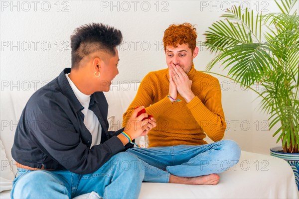 Beautiful gay couple being romantic on sofa, lgbt concept, man asking for marriage