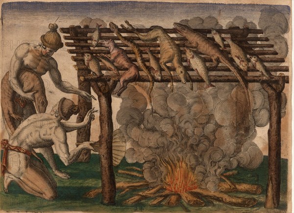 Native Americans drying fish and game such as alligators, snakes and small deer on a grill over a fire, Historic, digitally restored reproduction of an original from the period