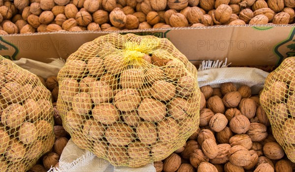 Sack of whole fresh walnuts with hard nutshells