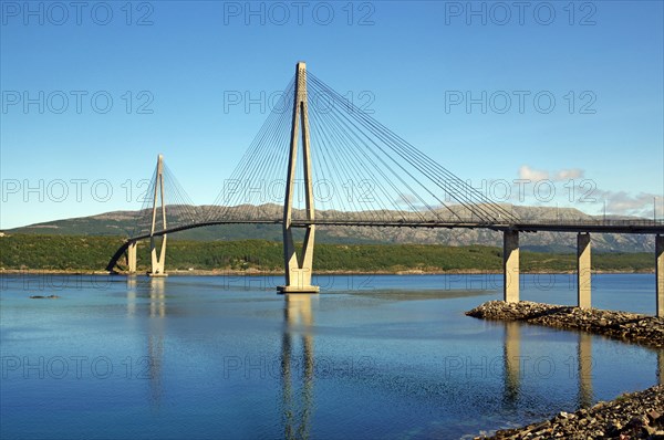 Long bridge over a fjord, Sandnesssjoen, Helgelandsbrua, FV 17, Kystriksveien, Nordland, Norway, Europe