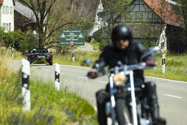 The Lautertal valley in the Swabian Alb is a popular route for motorcyclists, motorbike noise is a nuisance for residents, Muensingen, Baden-Wuerttemberg, Germany, Europe