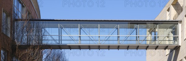 Glass footbridge at the town hall, Hagen, Westphalia, North Rhine-Westphalia, Germany, Europe