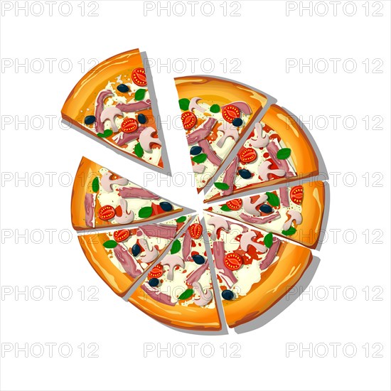 Sliced Pizza Prosciutto e Funghi cartoon over white background, vector illustration