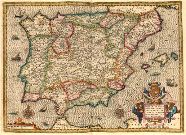 Atlas, map from 1623, Iberian Peninsula, Spain, Portigal, digitally restored reproduction from an engraving by Gerhard Mercator, born as Gheert Cremer, 5 March 1512, 2 December 1594, geographer and cartographer, Europe