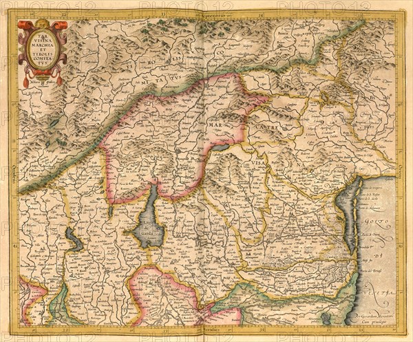 Atlas, map from 1623, Tyrol, Emilia Romagna, Veneto, Italy, digitally restored reproduction from an engraving by Gerhard Mercator, born as Gheert Cremer, 5 March 1512, 2 December 1594, geographer and cartographer, Europe