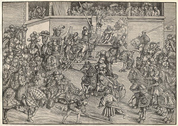 The Tournament with Samson, Simson, and the Lion, painting by Lucas Cranach the Elder, 4 October 1472, 16 October 1553, one of the most important German painters, graphic artists and letterpress printers of the Renaissance, Historic, digitally restored reproduction of a historic original