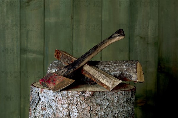 Axe on chopping block with log in front of green wooden wall, studio shot, Germany, Europe