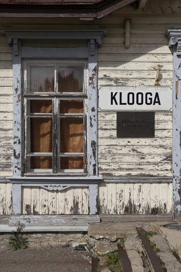 Windows on weathered wooden house at historic railway station in Klooga village, Harju county, Estonia, Europe