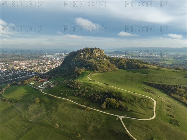 View over the Hegaulandschaft, with Hohentwiel and the town of Singen, Konstanz district, Baden-Wuerttemberg, Germany, Europe