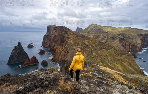 Hiker, coastal landscape, cliffs and sea, Miradouro da Ponta do Rosto, rugged coastline with rock formations, Cape Ponta de Sao Lourenco, Madeira, Portugal, Europe