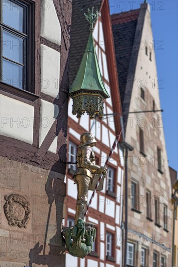 Figure of St. George as dragon slayer on the historic Pilatus House, patrician house, Tiergaertnertorplatz, Nuremberg Central Franconia, Bavaria, Germany, Europe