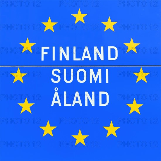 Blue sign with European stars at the border, European Union, inscription Finland, Suomi, Aland, Aland Islands, Alandinseln, Finland, Europe