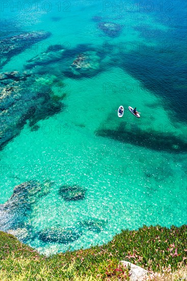 People on padelboards, Piskies Cove, South West Coast Path, Penzance, Cornwall, England, United Kingdom, Europe